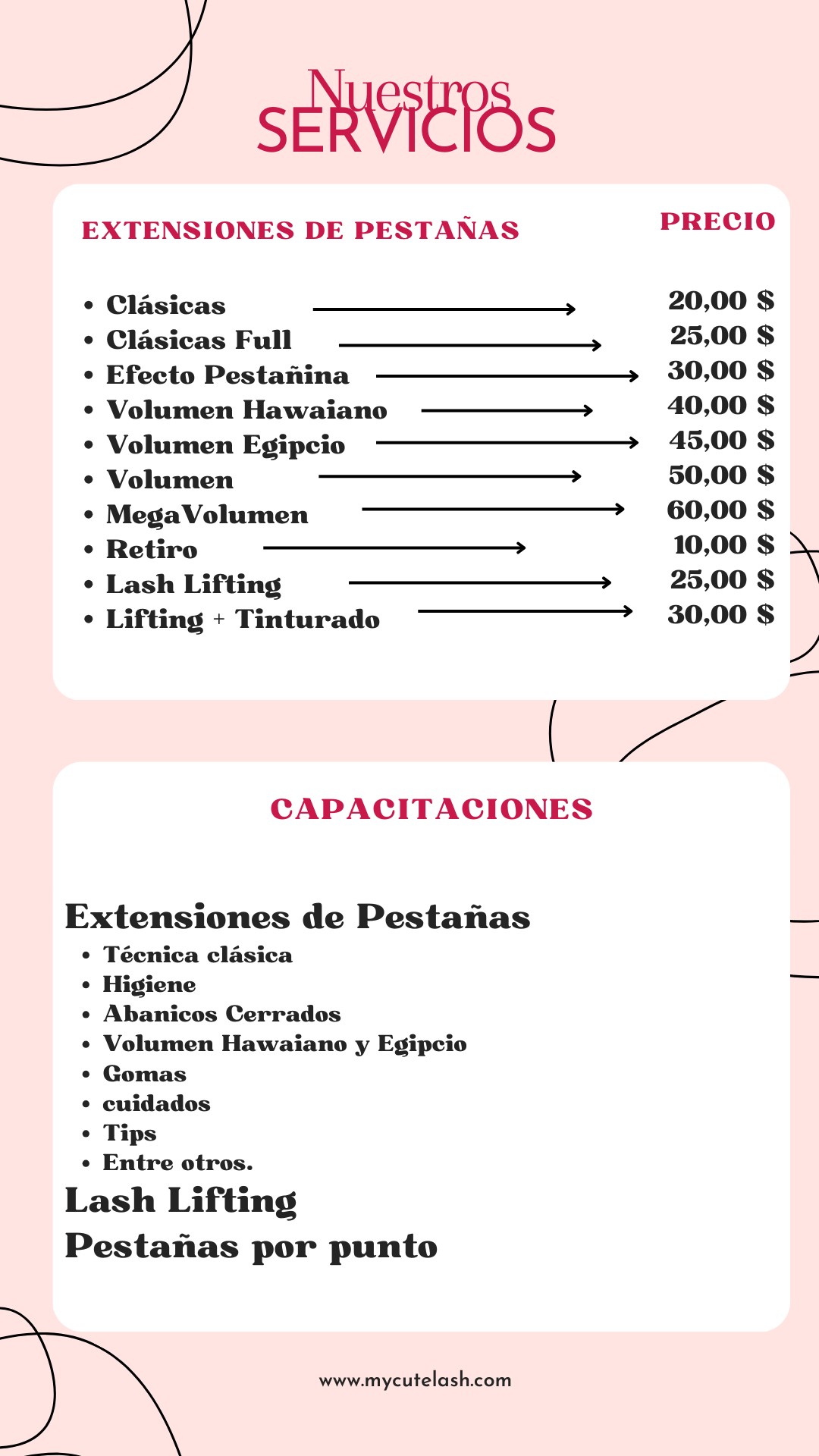 Imagen detallando los servicios que ofrece www.mycutelash.com